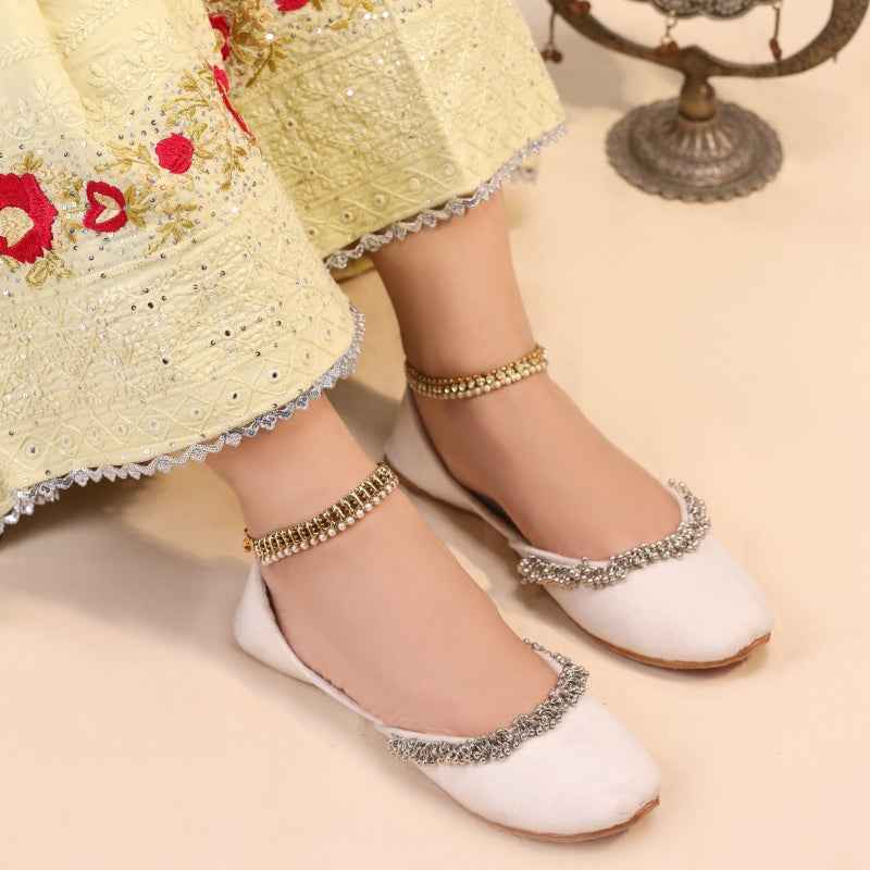 “Beaded Halo White Khussa shoes for women, versatile white leather, suitable for casual and festive wear Pakistan”