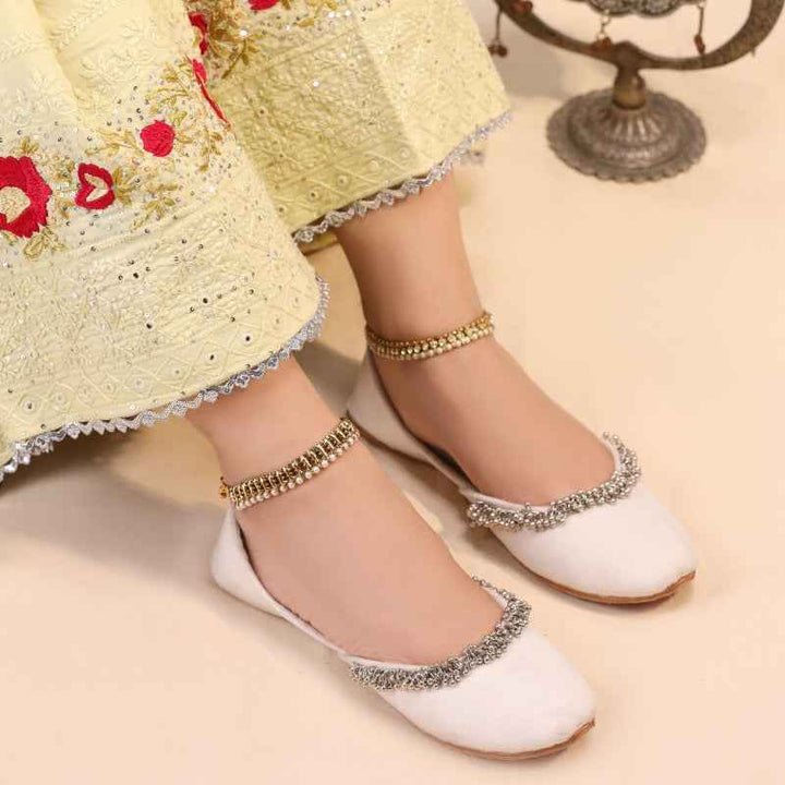 “Beaded Halo White Khussa shoes for women, versatile white leather, suitable for casual and festive wear Pakistan”
