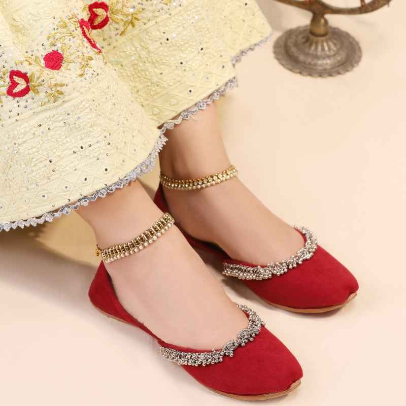 “Beaded Halo Red Khussa shoes for women, vibrant red leather, stylish ethnic footwear Pakistan”