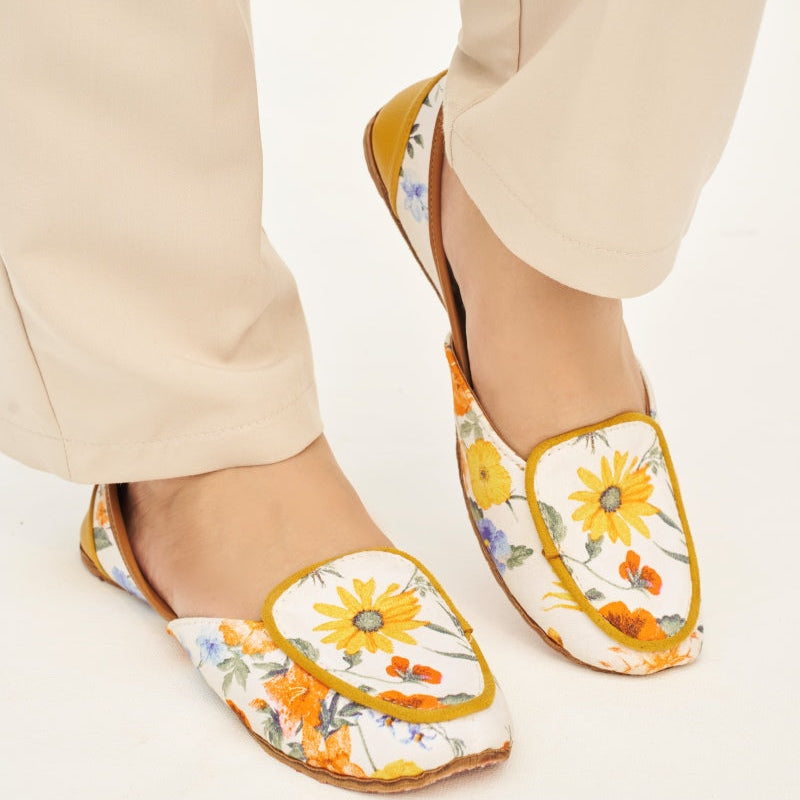 “Top view of Botanical Khussa shoes for women, handcrafted traditional ethnic design Pakistan”
