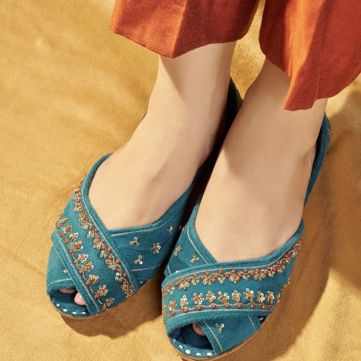 Teal Peshawari Khussa – handmade Peshawari shoes for women, buy Peshawari khussa online