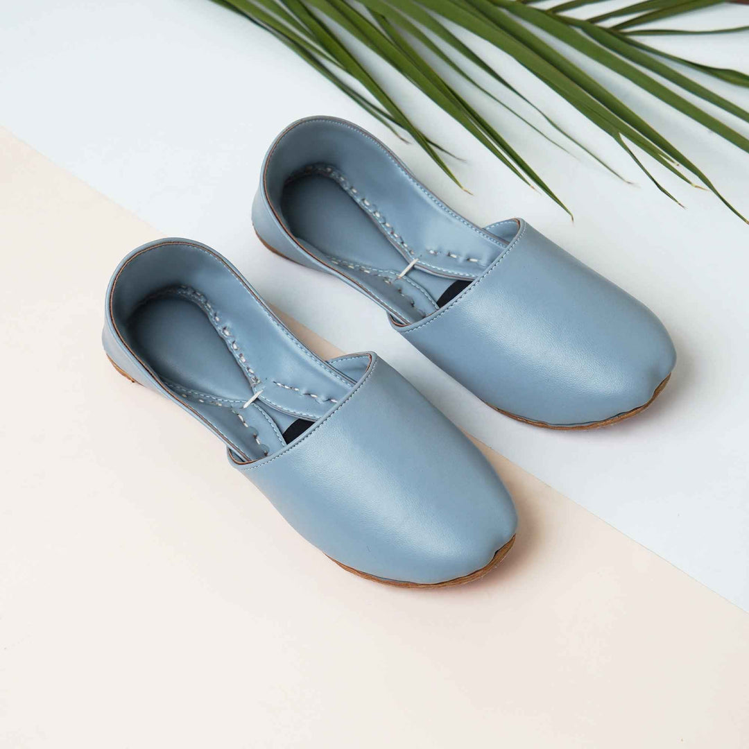 “Slate Blue Nawabi Khussa shoes for women, muted blue leather, traditional ethnic footwear Pakistan”