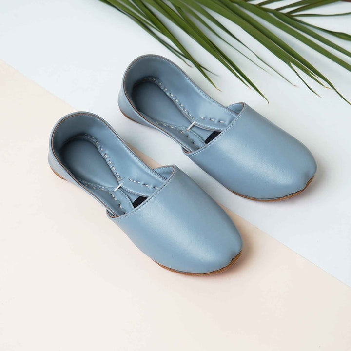 “Slate Blue Nawabi Khussa shoes for women, muted blue leather, traditional ethnic footwear Pakistan”