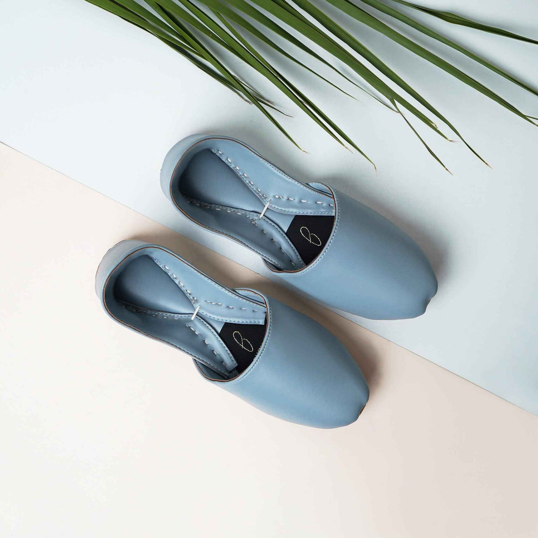 “Side view of Slate Blue Nawabi Khussa shoes showing smooth leather and comfortable fit for women”