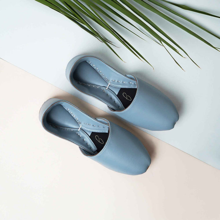“Side view of Slate Blue Nawabi Khussa shoes showing smooth leather and comfortable fit for women”