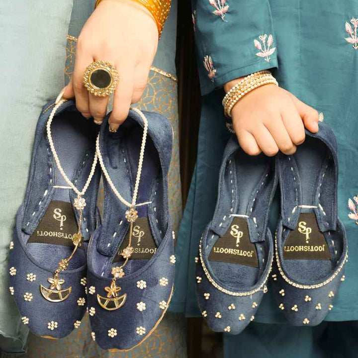 Top view of Raqsa Kids Khussa shoes for girls, lightweight ethnic footwear Pakistan