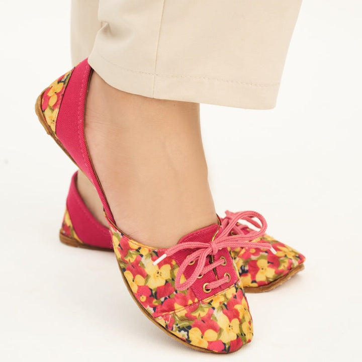 “Side view of Pink Perfection Lace Up Khussa shoes showing embroidery and premium leather design”