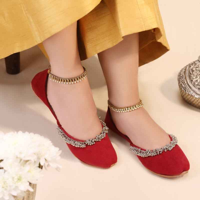 “Beaded Halo Red simple plain Khussa shoes for women, red leather, ethnic festive footwear Pakistan”