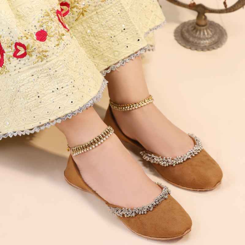 “Top view of Beaded Halo Camel Brown Khussa shoes, lightweight traditional footwear Pakistan”