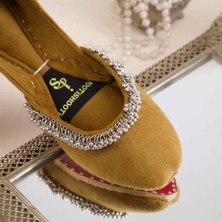 “Side view of Beaded Halo Camel Brown Khussa shoes showing sleek minimal design for women”