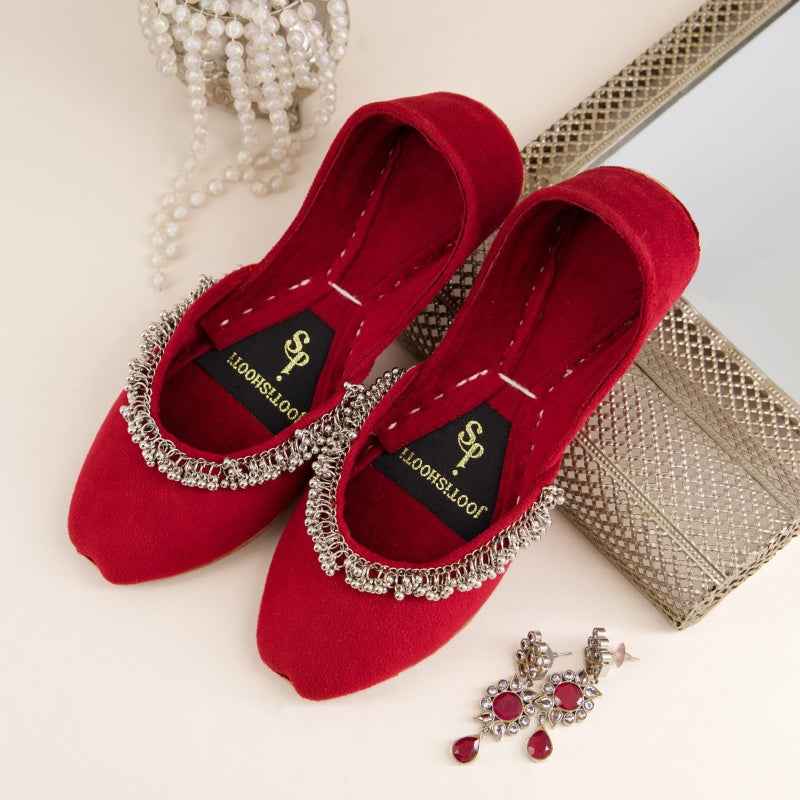 “Top view of Beaded Halo Red Khussa shoes for women, lightweight traditional footwear Pakistan”