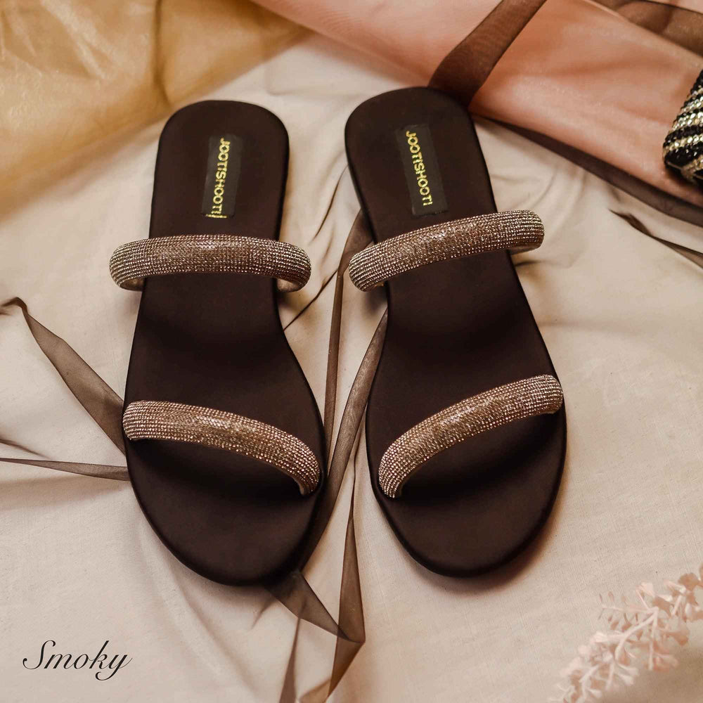 Smoky Two Strap Diamanté Slides - Jooti Shooti