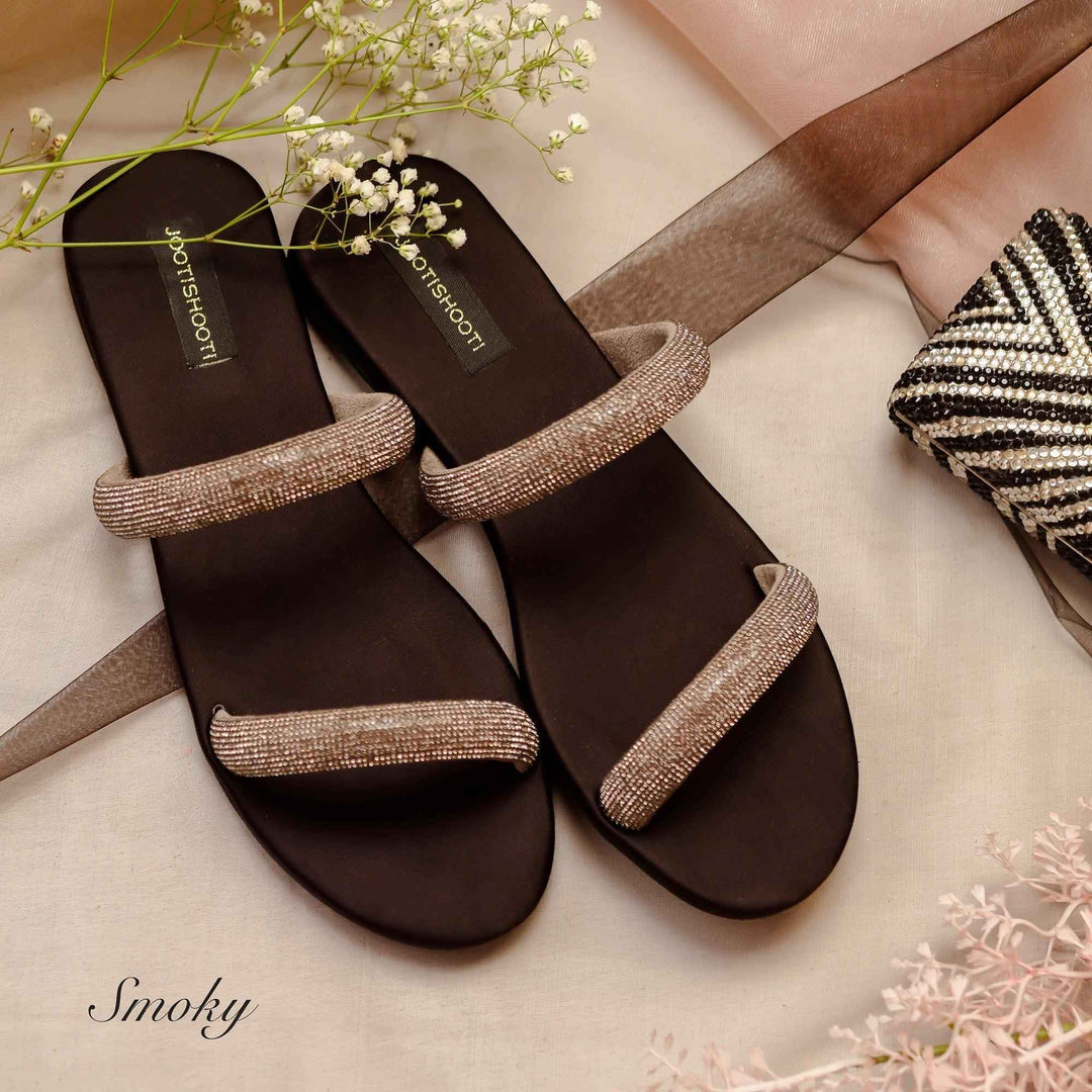 Smoky Two Strap Diamanté Slides - Jooti Shooti